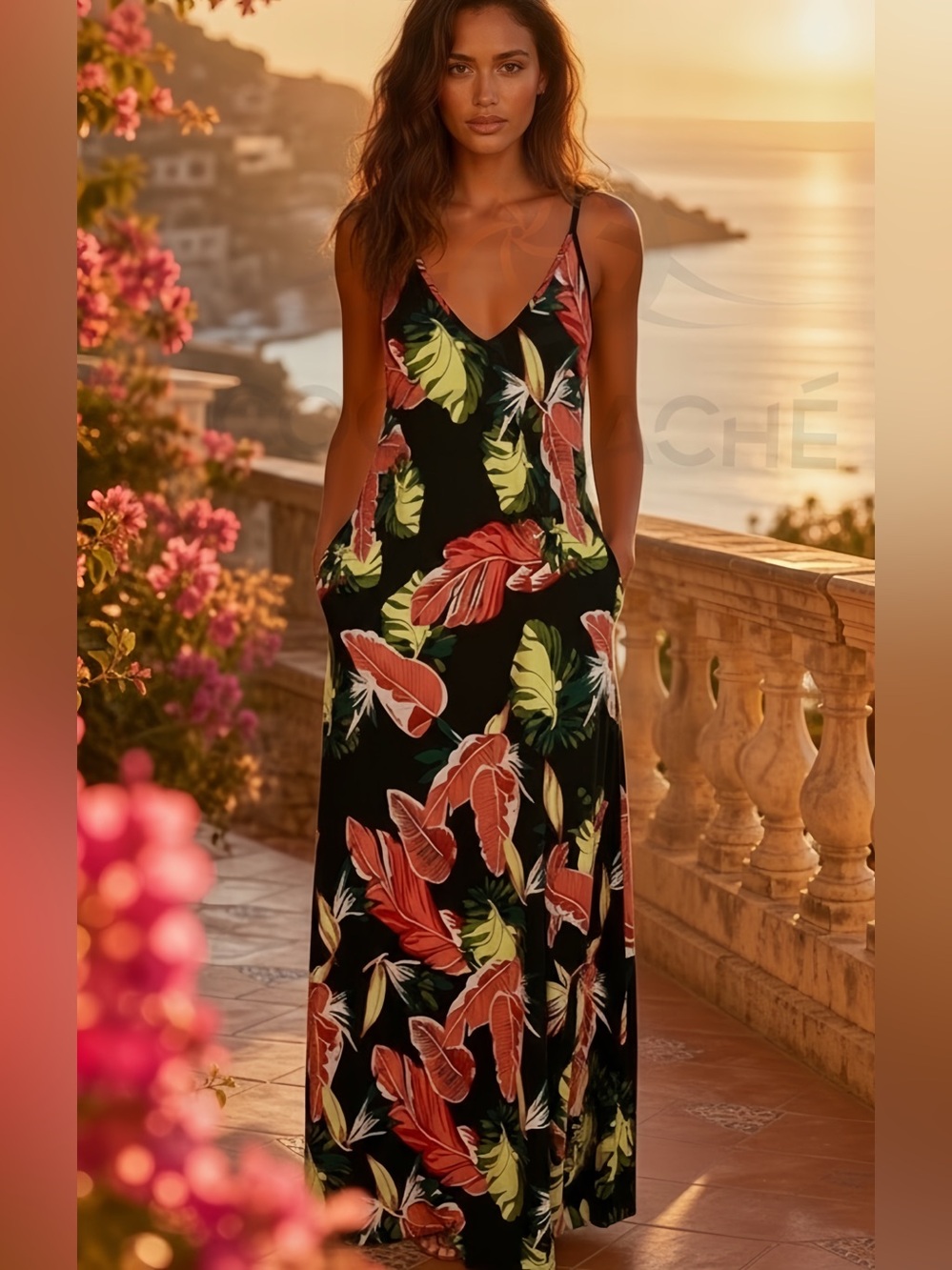 Hawaiin Vibes Tropical Floral Print Sleeveless Cami Maxi Dress